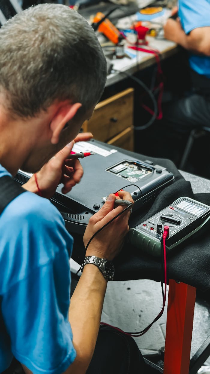 why-choose-us-02 Professional technician repairing an electronic device with precision tools and a multimeter.